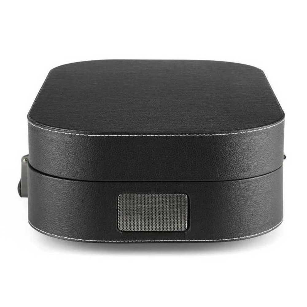 A side view of the Crosley Discovery Portable Turntable with Bluetooth Out - Black shows its compact build with a built-in speaker covered by a mesh grille