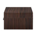 A side view of the Crosley Jasper Turntable - Walnut highlights its woodgrain texture and boxy design