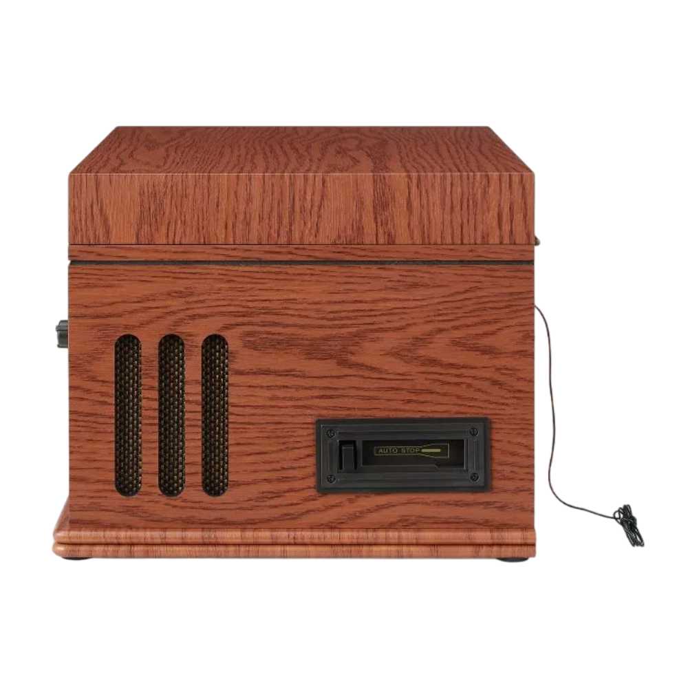 A side view of the Crosley Musician Entertainment Center - Paprika displays the woodgrain finish, speaker grilles, and a cassette player slot with a wired antenna