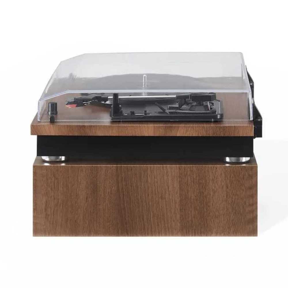 A side view of the Crosley Riff Record Player With Speakers - Walnut highlights the turntable with its closed dust cover and speakers stacked below