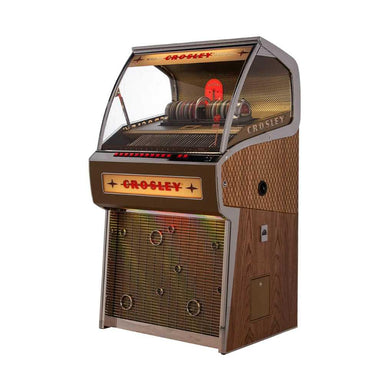 A side view of the Crosley Rocket 80 CD Bluetooth Full-Size Jukebox - Oak showcases its elegant oak finish and retro-inspired design