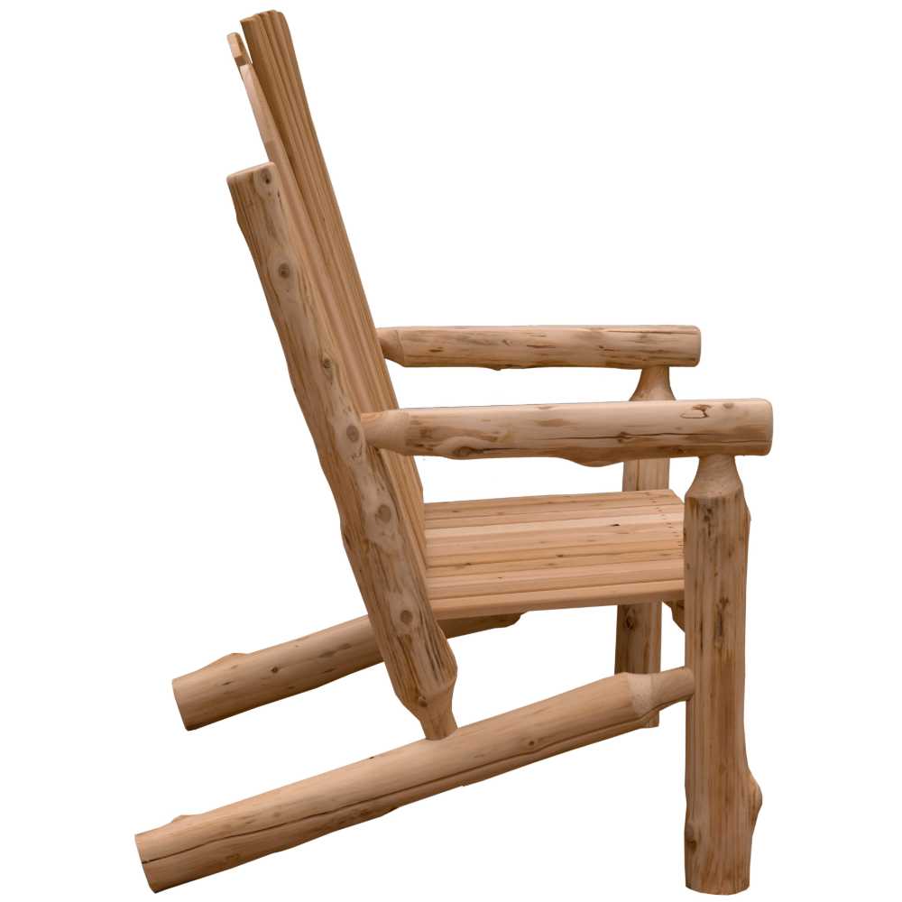 A side view of the Fireside Lodge Voyageur Two-Person Adirondack Chair, highlighting its rustic log frame, slanted seat, and sturdy armrests