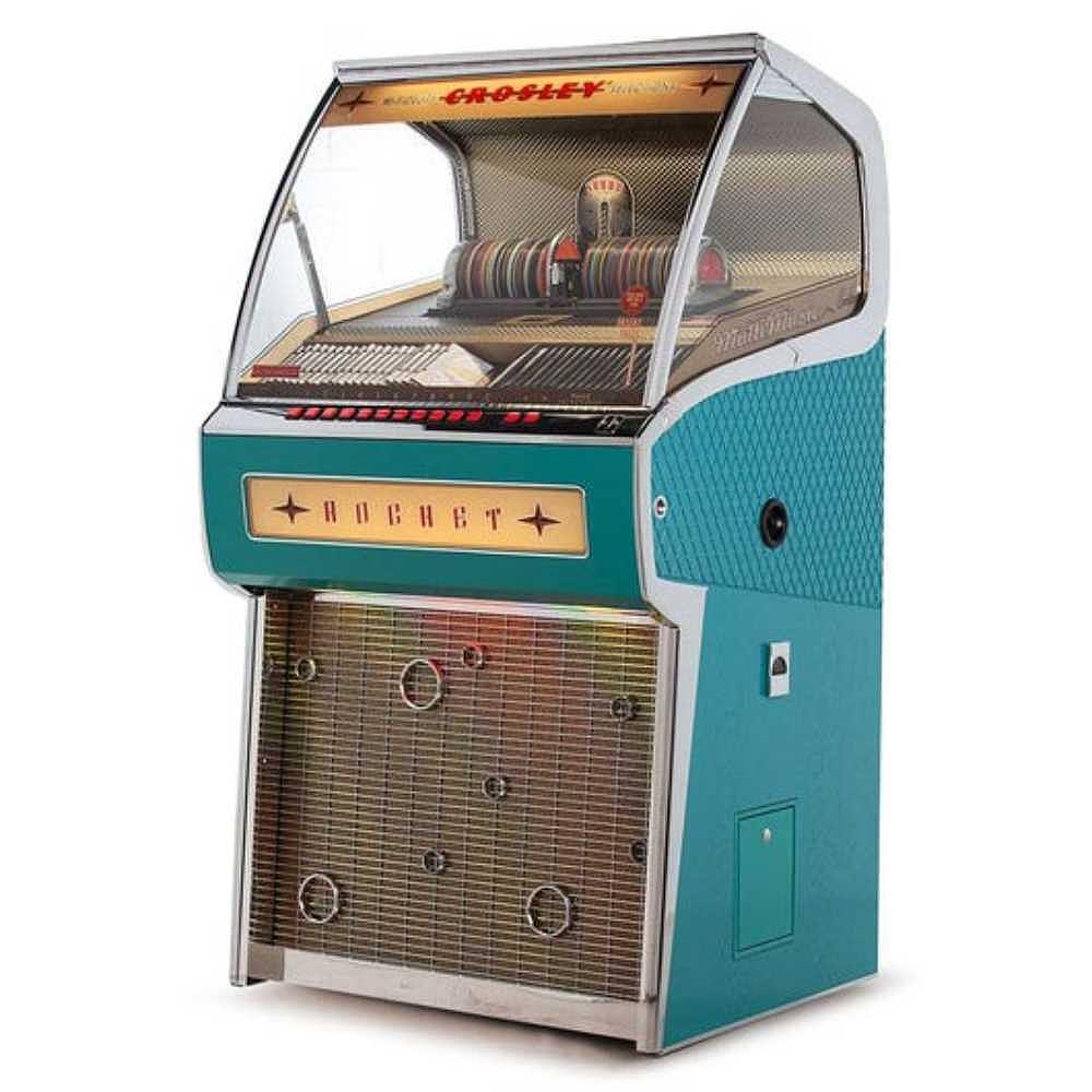 A side view of the Rocket 80 CD Bluetooth Full-Size Jukebox - Turquoise highlights its textured turquoise panels and polished chrome accents