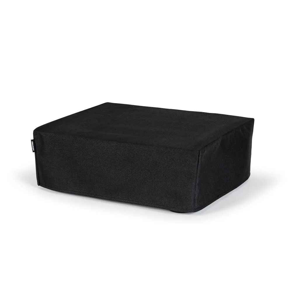 A side view shows the Crosley Fabric Turntable Dust Cover - Black with a sleek and durable design