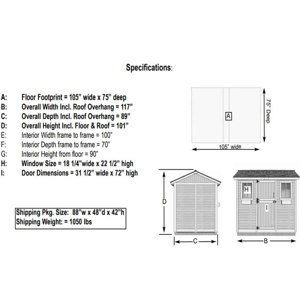 A simple black-and-white diagram lists measurements and shows the layout of the Outdoor Living Today 9×6 Cabana Garden Shed