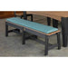 A sleek black outdoor bench is topped with a light blue LuxCraft 72 Cafe Bench Cushion