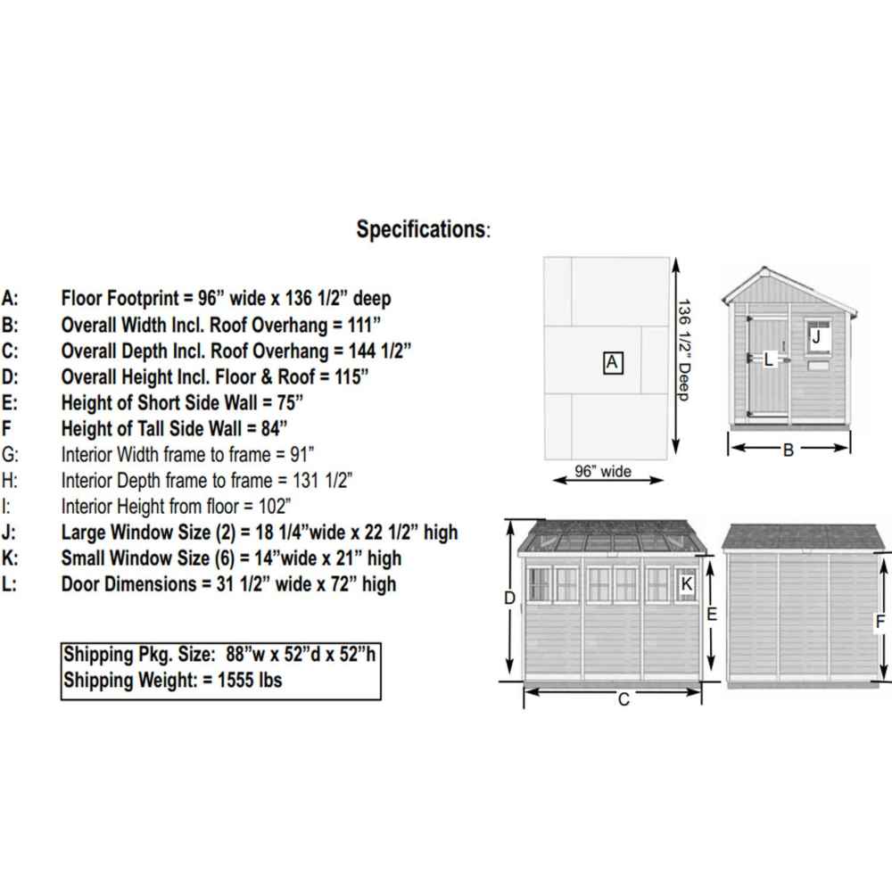 A specification diagram for the Outdoor Living Today 8×12 Sunshed Garden Shed lists detailed dimensions for its width, depth, height, and window sizes
