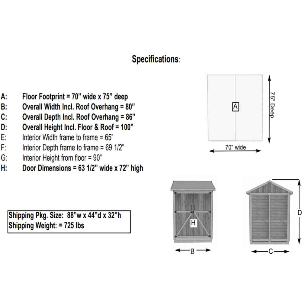 A specification diagram for the Outdoor Living Today Maximizer 6×6 Wooden Shed details its dimensions, shipping size, and interior measurements