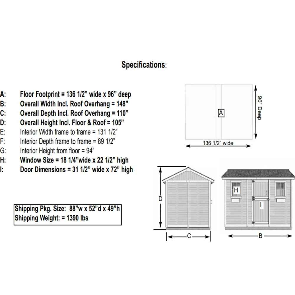 A specifications chart for the Outdoor Living Today Large 12×8 Cabana Garden Shed displays measurements for the floor, walls, windows, and doors in inches
