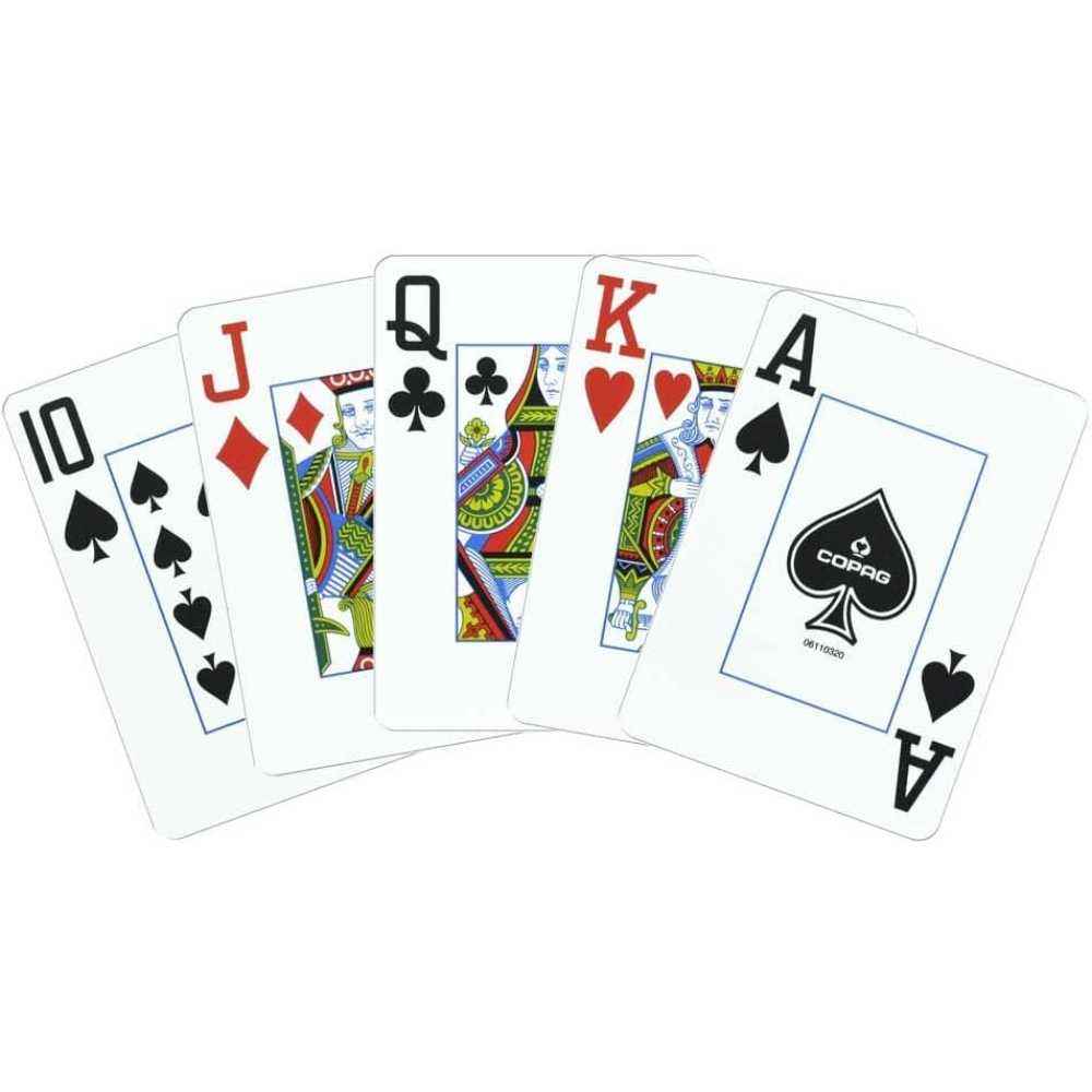 A spread of BBO Poker Tables Copag Masters 100% Plastic Playing Cards showing a mixed suit royal flush with red and black face cards