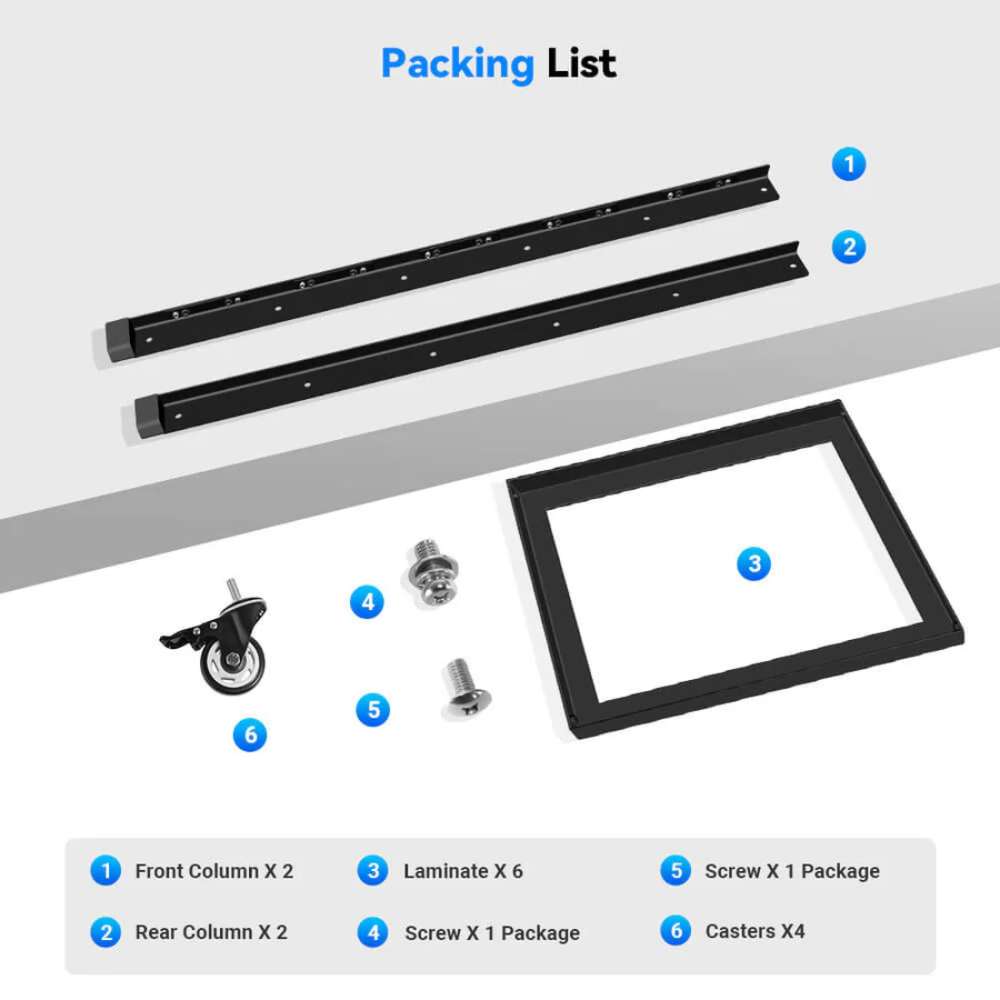 Assembly parts included with Sun Gold Power 5-Layer Battery Rack, including frame, casters, and hardware