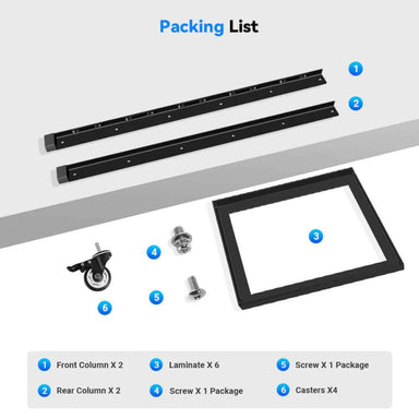 Assembly parts included with Sun Gold Power 5-Layer Battery Rack, including frame, casters, and hardware
