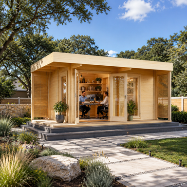 Asta 70 wooden garden room furnished as a premium backyard office with two adults collaborating inside on a bright afternoon in the Texas Hill Country.