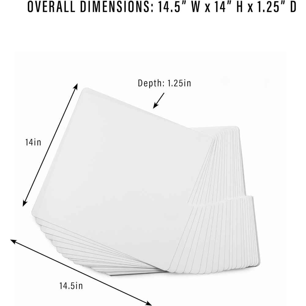 A stack of Crosley Vinyl Record Dividers - White with exact dimensions highlighted 14.5 inches wide, 14 inches tall, and 1.25 inches deep