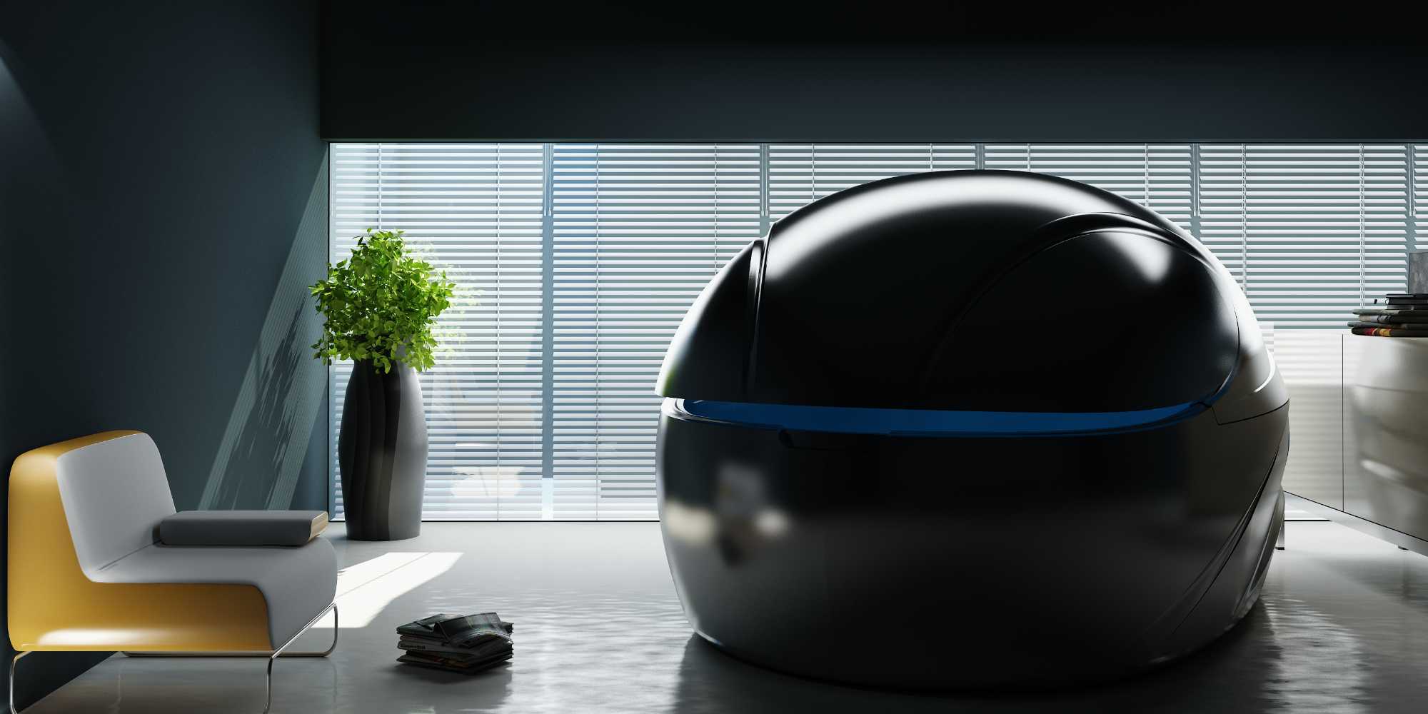 A stealth Dreampod Vmax Float Pod is placed in a minimalist room with blinds and a modern armchair