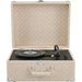 A straight-on view of the Crosley Anthology Portable Turntable - Light Tan with the case open shows the textured interior and the turntable setup