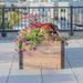 A straight-on view of the Outdoor Living Today 6×3 Urban Raised Garden Bed shows it overflowing with vibrant flowers on a rooftop