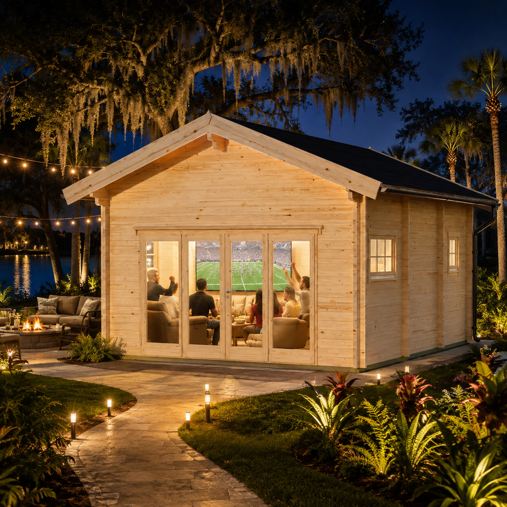 Astrid 70 glowing brightly at night as family and friends watch sports inside, surrounded by illuminated palms, Spanish moss, tropical plants, and a Florida lagoon.