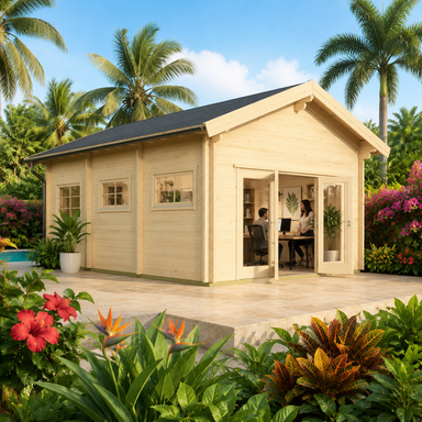 Astrid 70 Multi-Room Freedom House furnished as a sunny executive home office, surrounded by palms, hibiscus, tropical plants, and a Florida pool garden.
