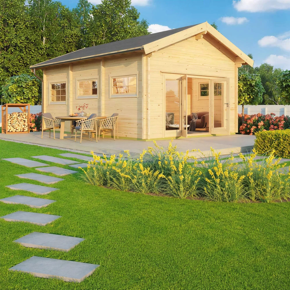 A welcoming garden patio setup complements the GardenHouse24 USA Astrid 70 Garden Room, which opens to a sunny backyard and lush landscaping