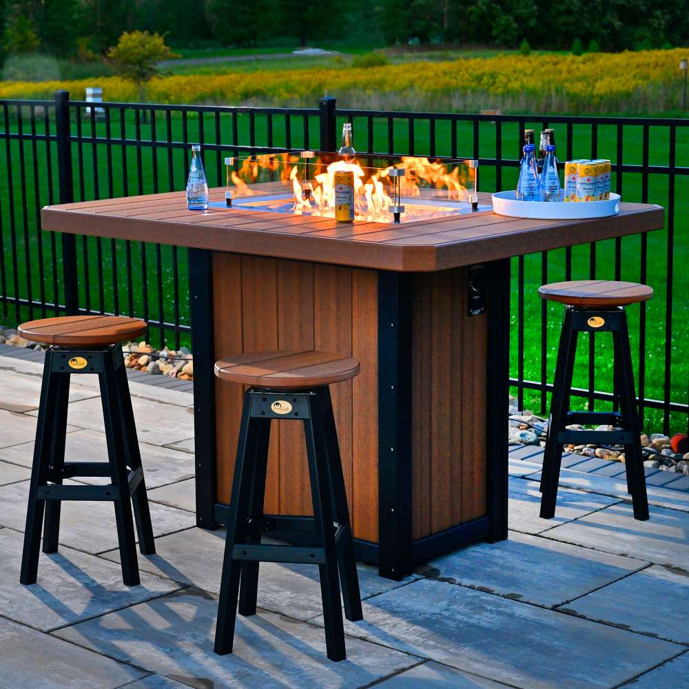 A stylish LuxCraft Ember Furniture Set featuring a rectangular fire table with a warm flame centerpiece, surrounded by four matching wooden barstools