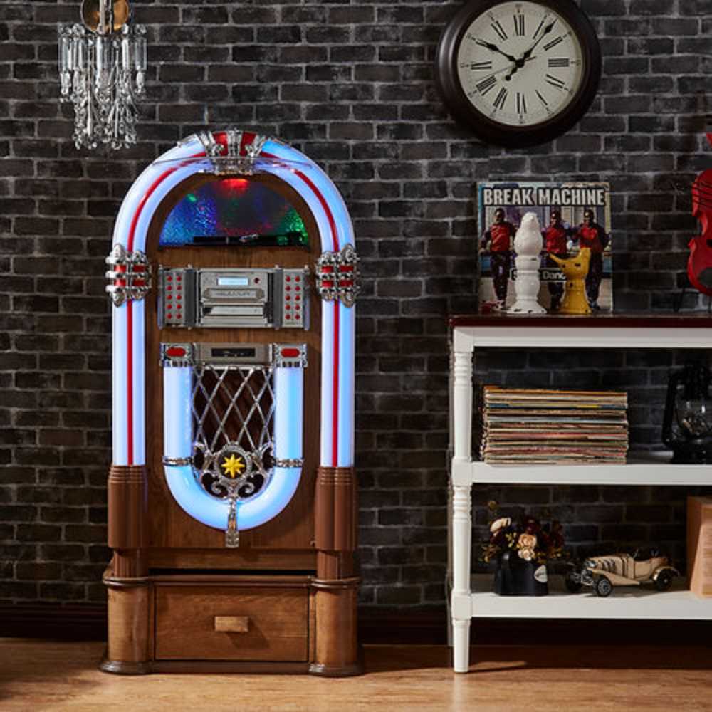 A stylish interior setup with the Arkrocket Taurus II Jukebox with Stand - Dark Oak 2024 New Upgrade standing against a brick wall