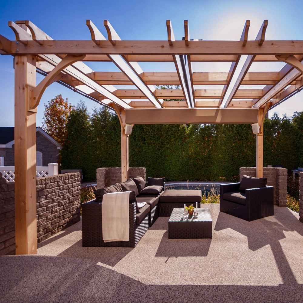 A stylish outdoor seating arrangement shaded by the elegant Outdoor Living Today Western Red Cedar Pergola & Canopy