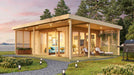 At sunset, the GardenHouse24 USA Kilian 70 Garden Room glows with ambient lighting, outdoor seating, and a cozy furnished interior