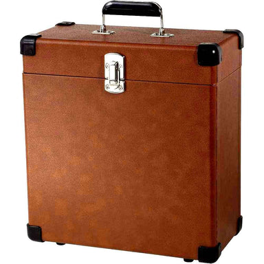 A tan Crosley Platter-Pak LP Record Carrier Case is shown closed with a sturdy black handle on top