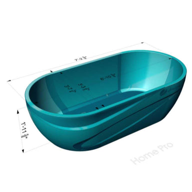 A teal-blue Dreampod Home Float Pro is shown in a technical diagram with measurements, illustrating its dimensions and oval shape