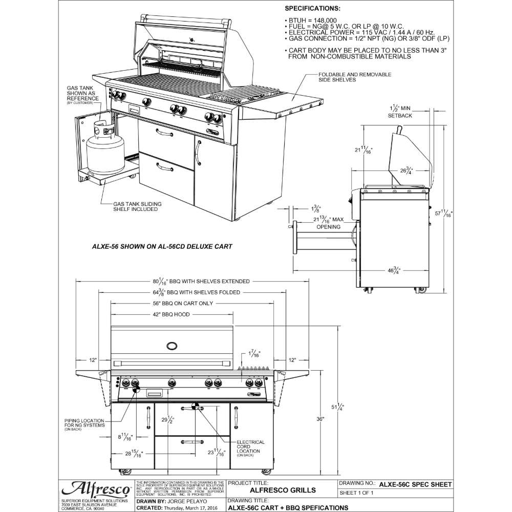 A technical blueprint of the Alfresco Grills 56″ Deluxe Grill Standard Cart Model, detailing its dimensions, specifications, and built-in features