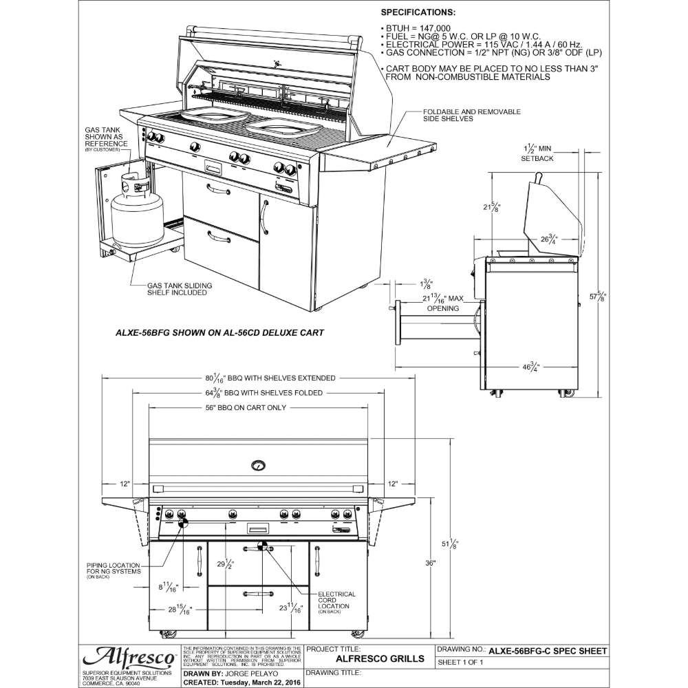 A technical blueprint of the Alfresco Grills 56″ Luxury All-Grill Standard Cart Model, detailing its dimensions, gas connections, and other specifications for installation