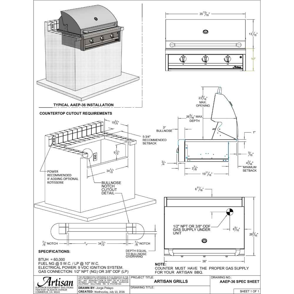 A technical diagram of the Alfresco Grills American Eagle 36” Built-In Grill, 3 Burner, illustrating its dimensions, installation requirements, and gas connection specifications