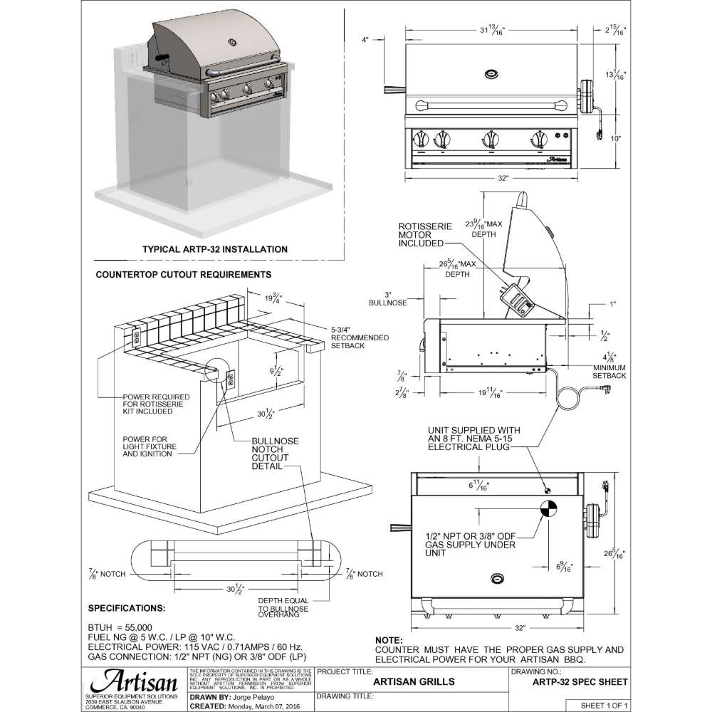 A technical diagram of the Alfresco Grills Artisan Professional 32” Built-In Grill, 3 Burner provides precise measurements for installation and setup