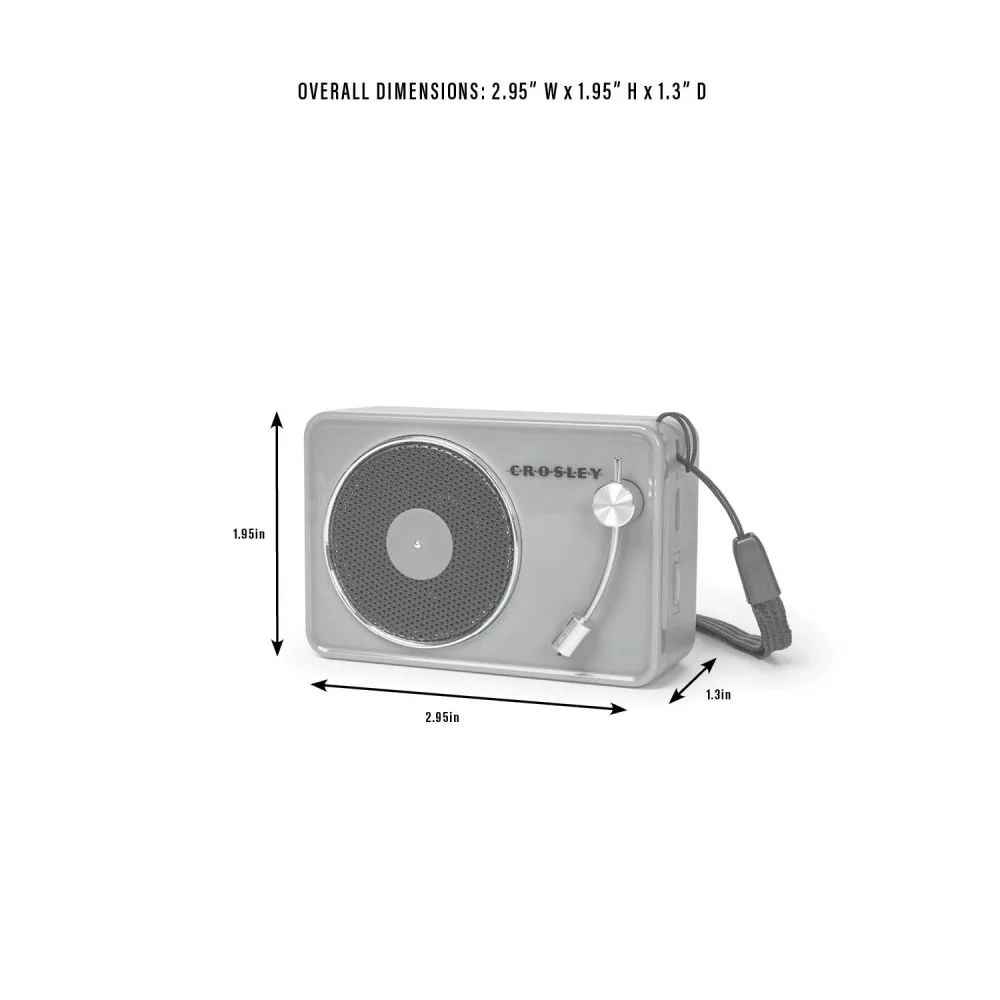 A technical diagram shows the Crosley Mini Turntable Bluetooth Speaker - White's dimensions 2.95 x 1.95 x 1.3