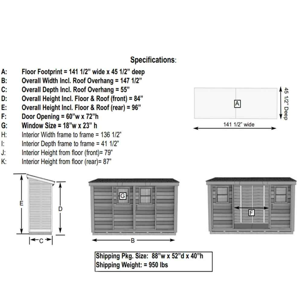 A technical diagram shows the precise measurements and shipping details for the Outdoor Living Today 12×4 with Sliding Doors SpaceSaver Storage Shed, including height, width, and window sizes
