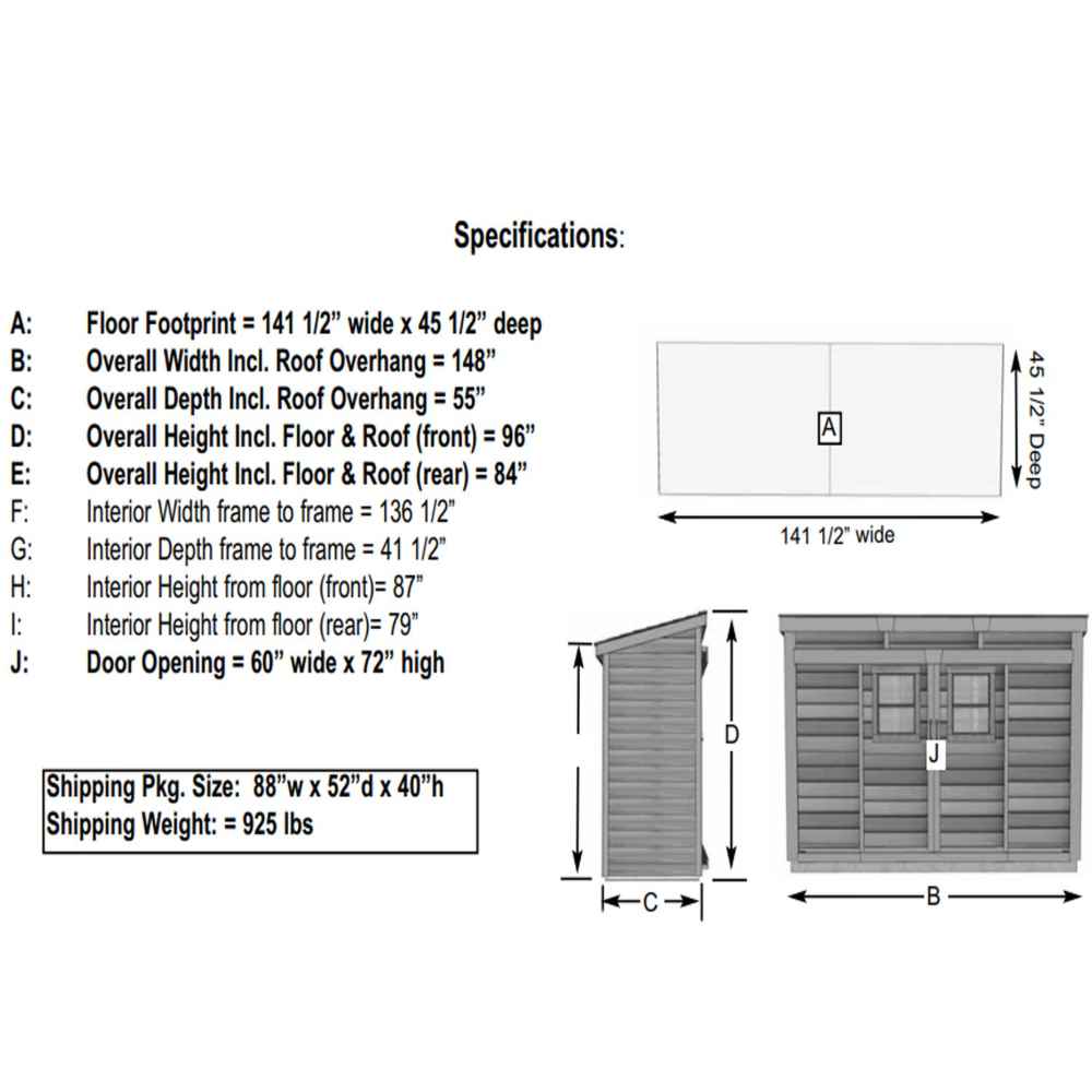 A technical diagram with measurements details the size and dimensions of the Outdoor Living Today GardenSaver 12×4 with Sliding Doors