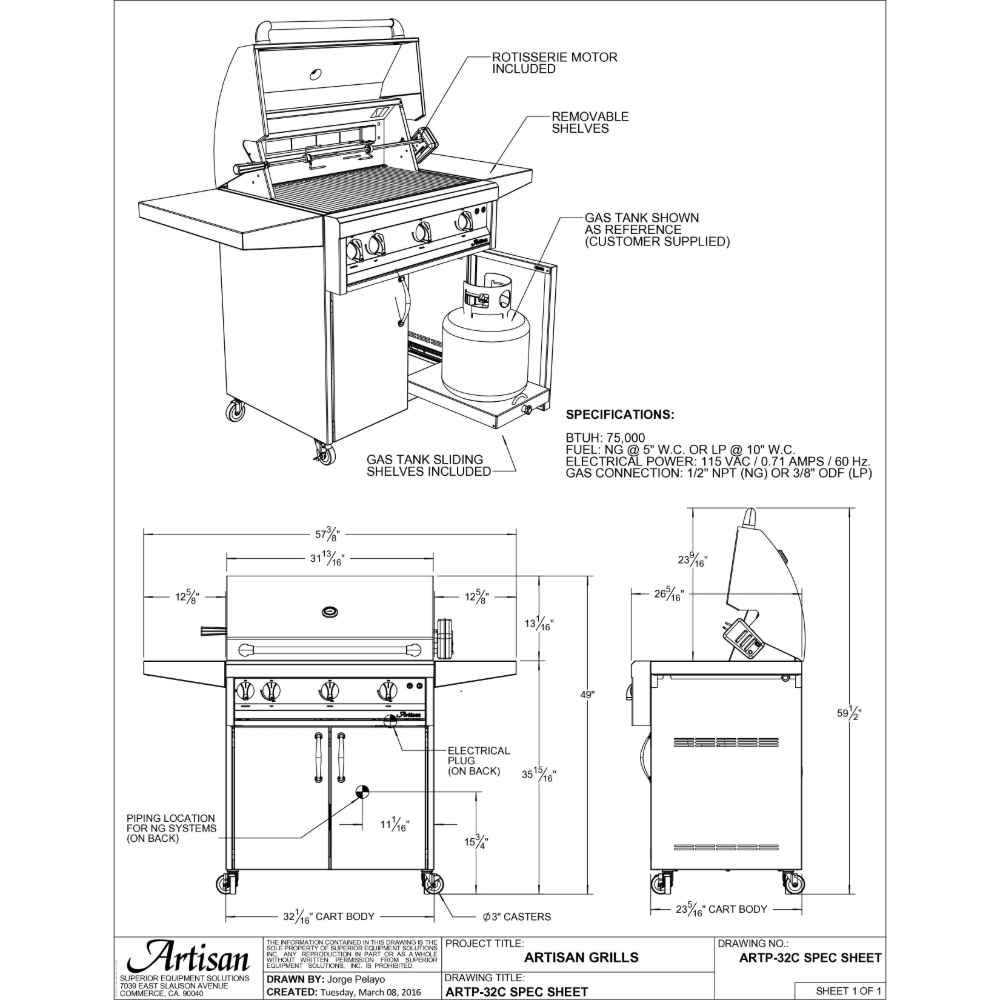 A technical drawing of the Alfresco Grills Artisan Professional 32” Cart Grill, 3 Burner, detailing dimensions, burner placement, and additional grill features