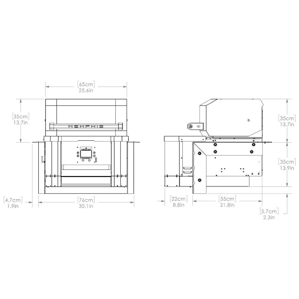 A technical drawing of the Memphis Grills Elevate™ 30 Freestanding Pellet Grill, detailing its dimensions, layout, and design specifications