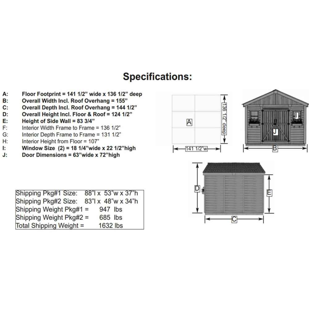 A technical drawing of the Outdoor Living Today 12×12 Double Door Space Master Storage Shed displays its detailed specifications, measurements, and shipping information