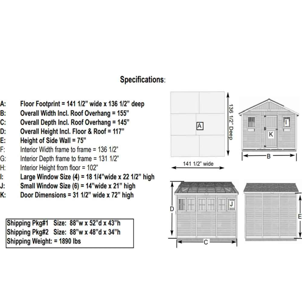 A technical drawing shows the full dimensions and window sizes of the Outdoor Living Today 12×12 Sunshed Garden Shed in a clear, labeled diagram