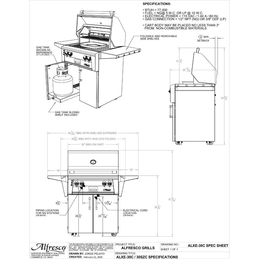 A technical specification sheet for the Alfresco Grills 30″ Luxury Grill Standard Cart Model, detailing dimensions, gas connections, electrical requirements, and key design features