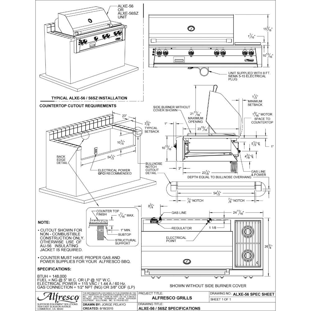 A technical specification sheet for the Alfresco Grills 56″ Deluxe Grill Built-In, detailing its installation, cutout dimensions, and gaspower requirements