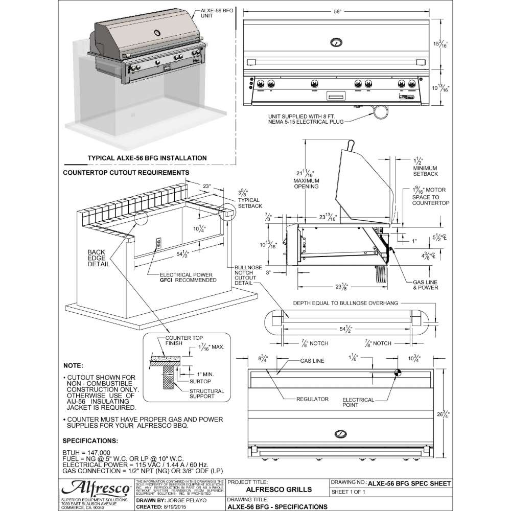 A technical specification sheet for the Alfresco Grills 56″ Luxury All-Grill Built-In, displaying dimensions, installation details, and key features for proper setup