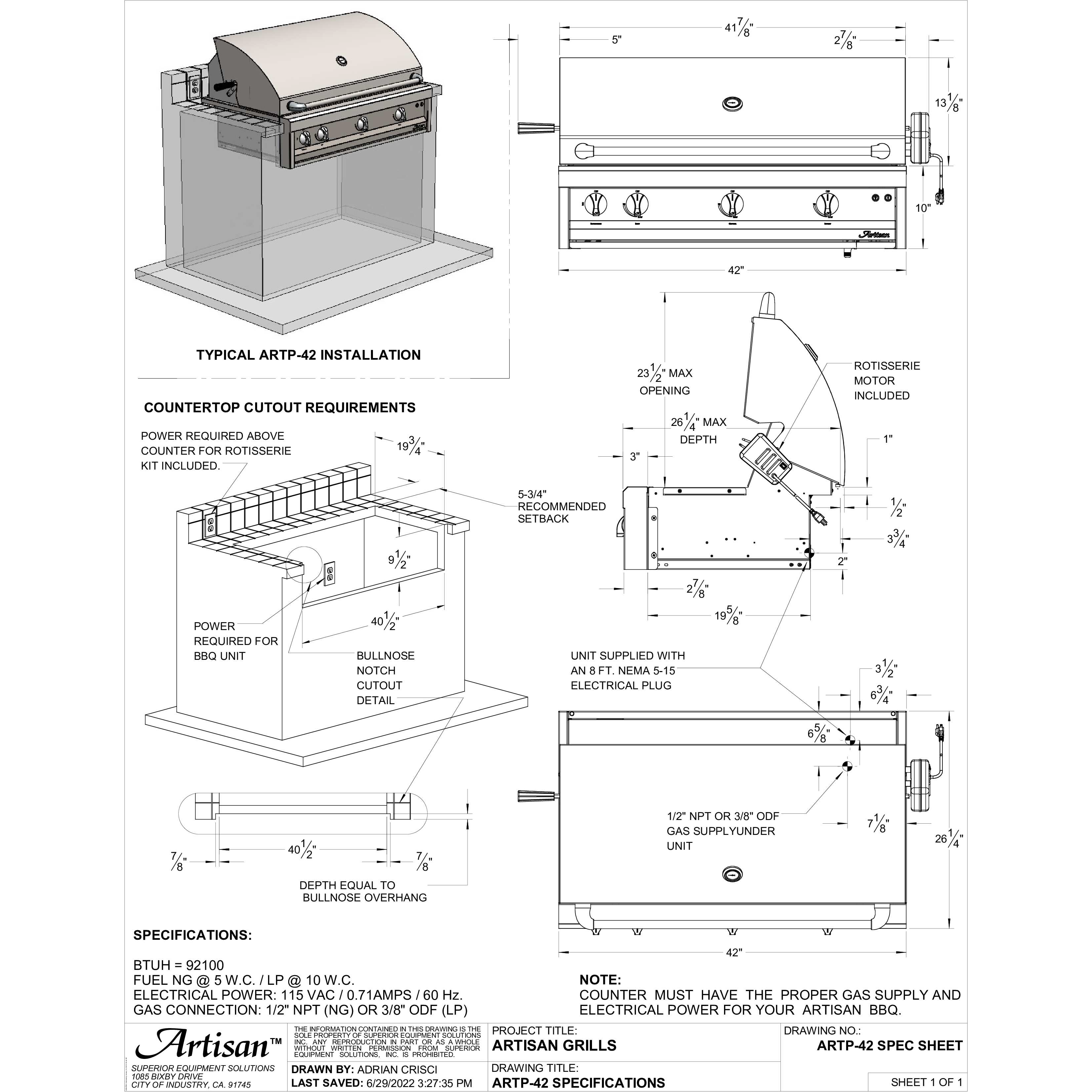 A technical specification sheet provides installation details, dimensions, and power requirements for the Alfresco Grills Artisan Professional 42” Cart Grill, 3 Burner