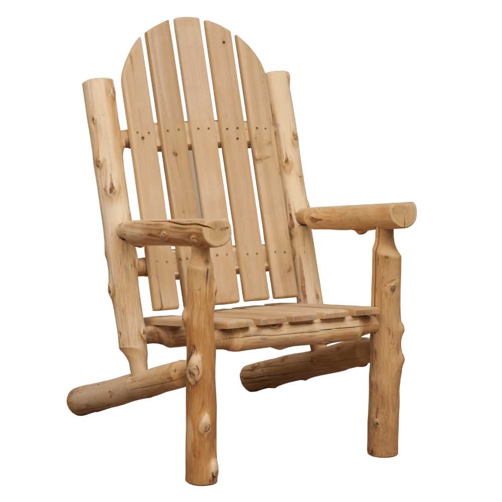 A three-quarter angle of the Fireside Lodge Voyageur Adirondack Chair, displaying its robust natural wood construction and handcrafted details