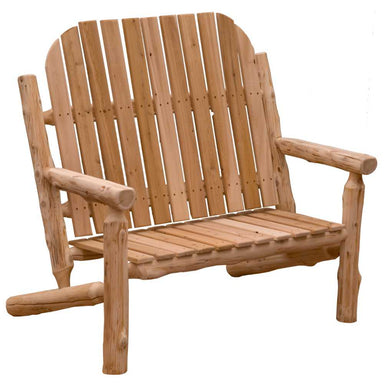 A three-quarter angle of the Fireside Lodge Voyageur Two-Person Adirondack Chair, showcasing its natural wood grain, spacious seating, and curved backrest