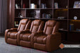 A three-seat royal cognac configuration of the Valencia Tuscany Ultimate Edition Home Theater Seating