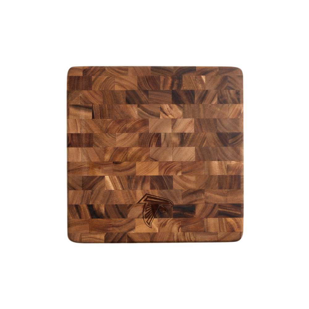Atlanta Falcons Crate & Barrel NFL Square End Grain Cutting Board features a square end-grain wood surface with the Falcons logo engraved near the bottom