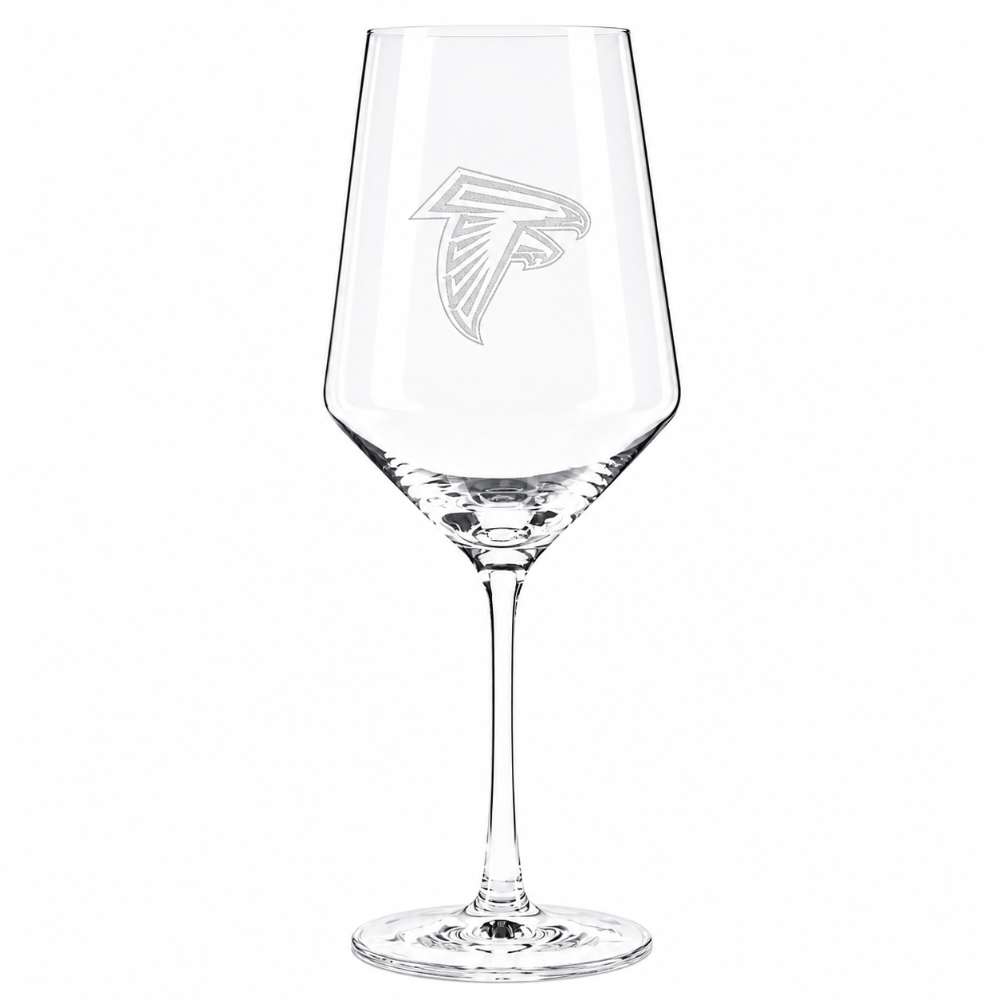 Atlanta Falcons Crate & Barrel NFL Tour 18oz Red Wine Glass, Set of 4 featuring the Falcons bird logo etched on a clear stemmed wine glass